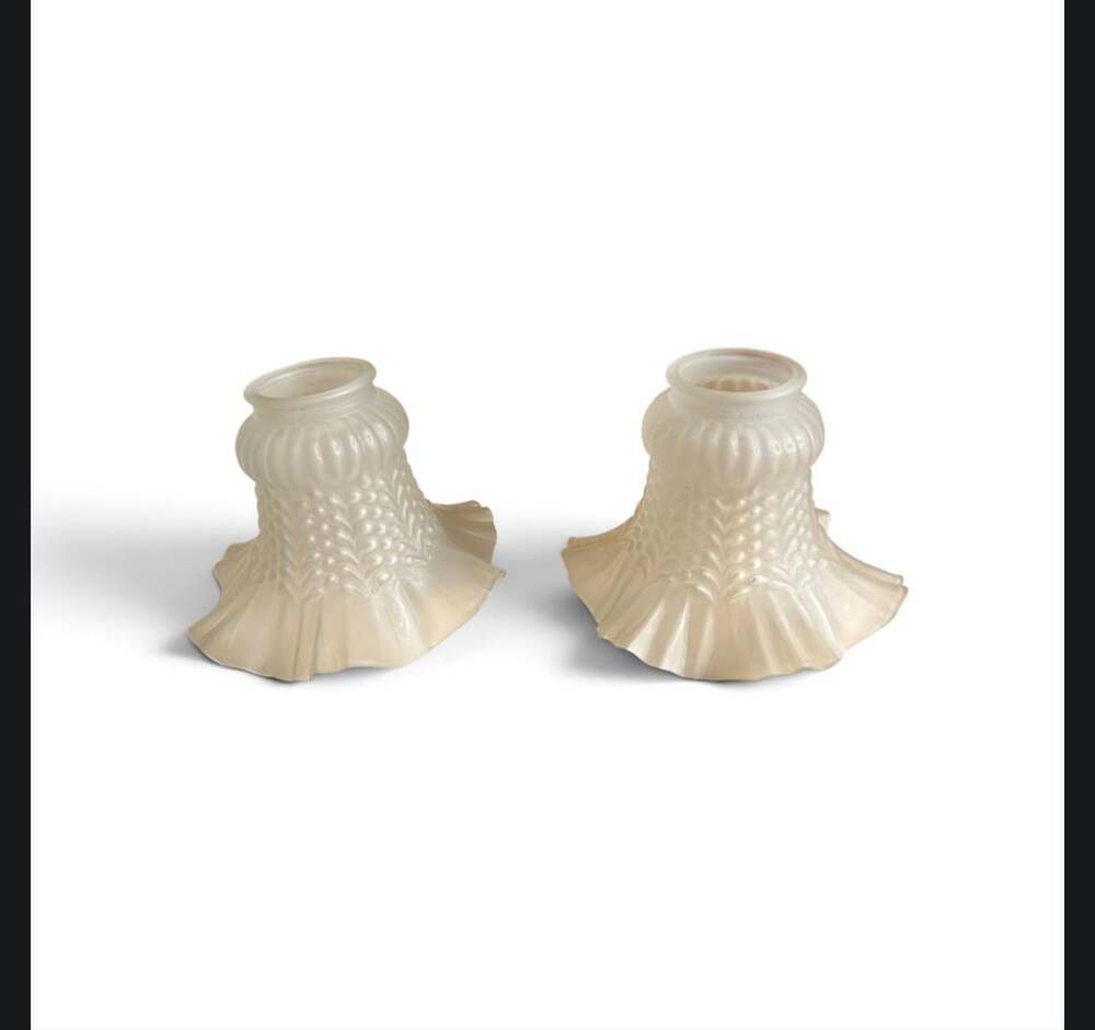 Vintage Frosted Glass Lamp Shades Pair Ruffled Fluted 2 inch Fitter